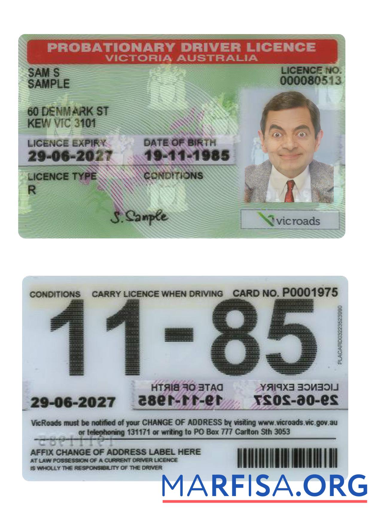 Downloadable Australia Victoria state probationary driving license example